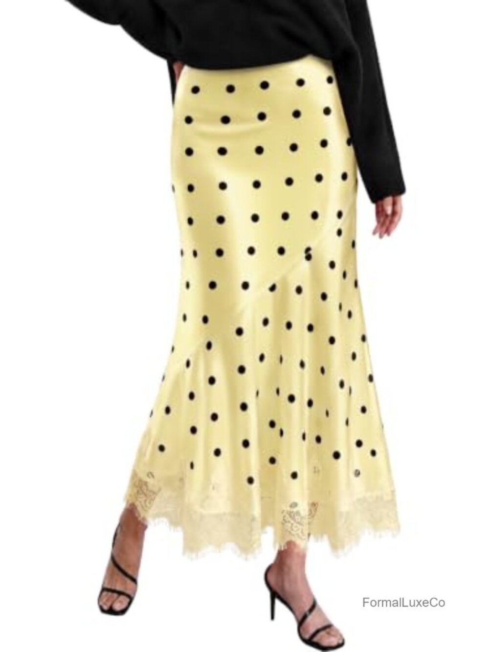 Satin Silk Polka Dot Lace Trim Mermaid Maxi Skirt High Waist